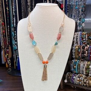 Chic Gold Tone and Orange Beaded Tassel Necklace
